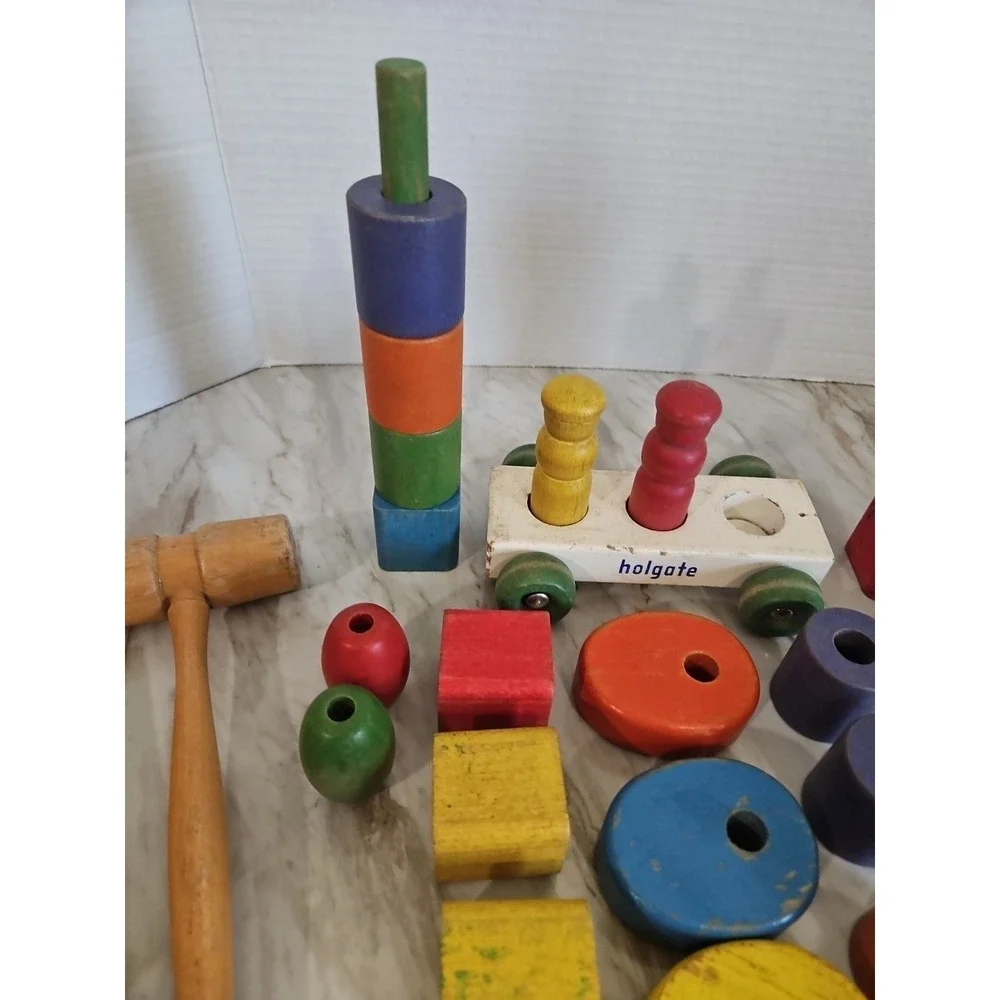 Vtg Lot Of Wooden & holgate  Building Blocks Different Sizes & Shapes 38 Pcs